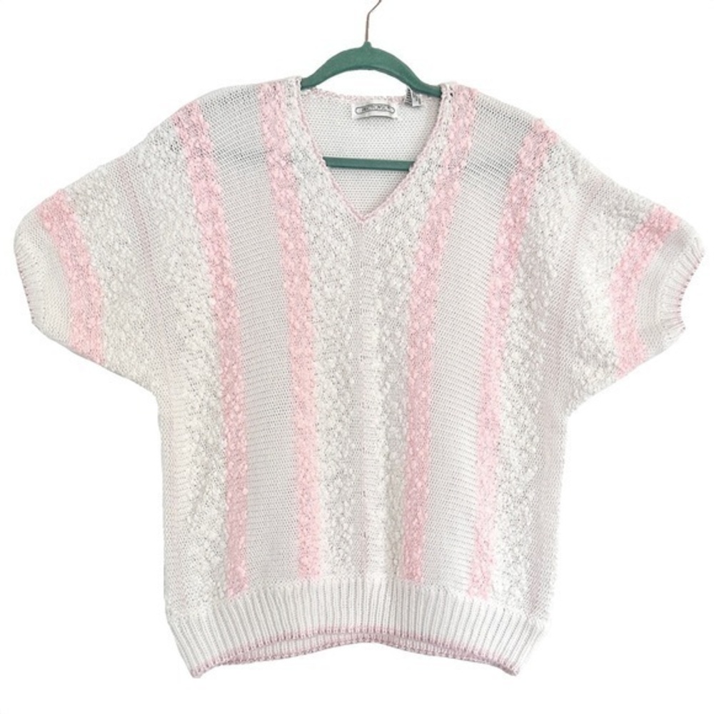 Vintage V-Neck Short Sleeve Sweater - White with Pink Stripes